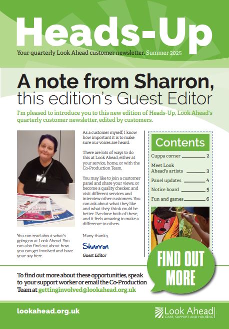 The front cover of Look Ahead's Heads-Up customer newsletter, including a note from the customer guest editor Sharon, and a contents section.