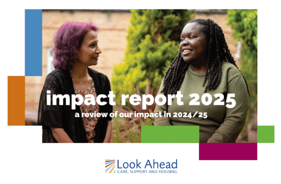 The front cover of Look Ahead's 2025 Impact Report, showcasing a customer and staff member chatting happily.
