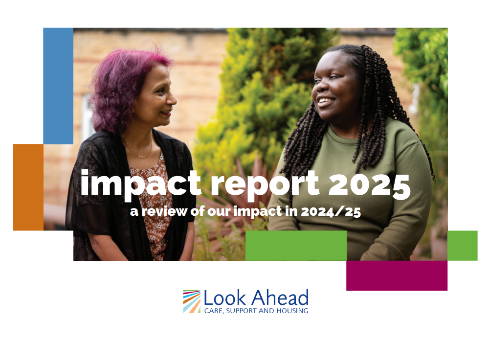 The front cover of Look Ahead's 2025 Impact Report, showcasing a customer and staff member chatting happily.