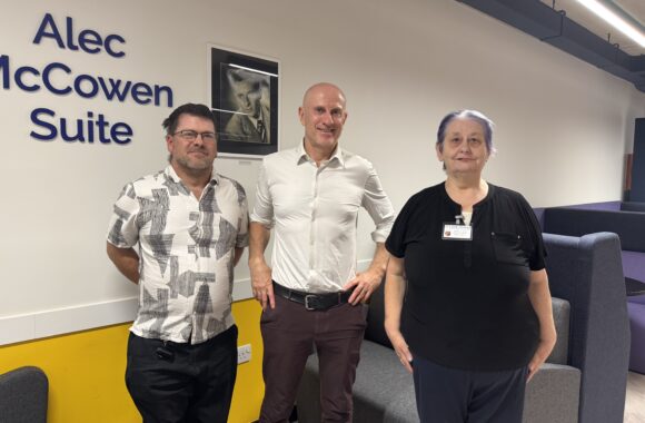 Chris flanked by two Look Ahead customers John (left) and Sharron (right) after they interviewed him for Look Ahead's customer magazine.